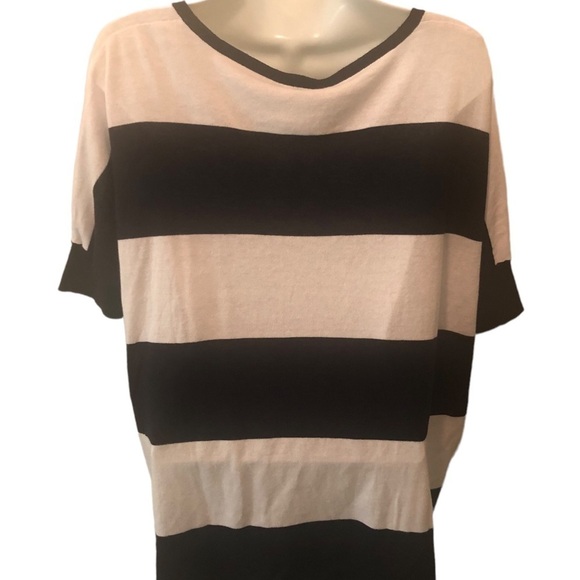 New Minnie Rose Saks Fifth Ave Striped Light V~Neck Sweater M/L Cotton Navy - Picture 6 of 8